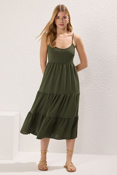 Trendyol Collection Khaki Straight Hem Waist Opening Midi Woven Dress Twoss22El1837