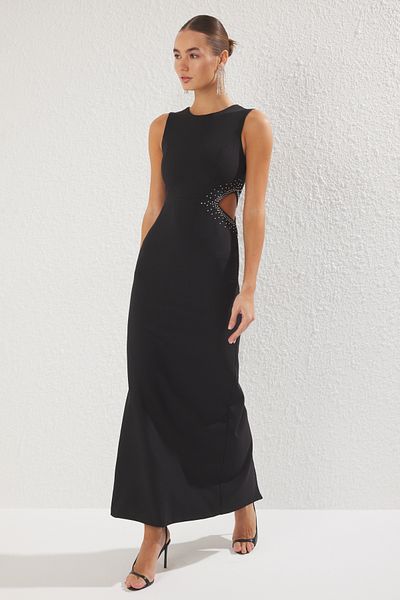 Trendyol Collection Schwarzes, gerades, mit Steinen bedrucktes, gewebtes Finike-Maxikleid für Abend und Heimkehr