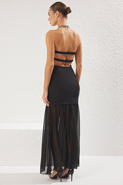 Trendyol Collection Černé rovné tkané Finike Maxi večerní šaty a šaty pro návrat domů