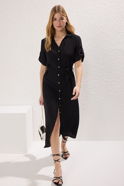 Trendyol Collection Black Belted Straight Belt Midi Woven Dress Twoss24El00226