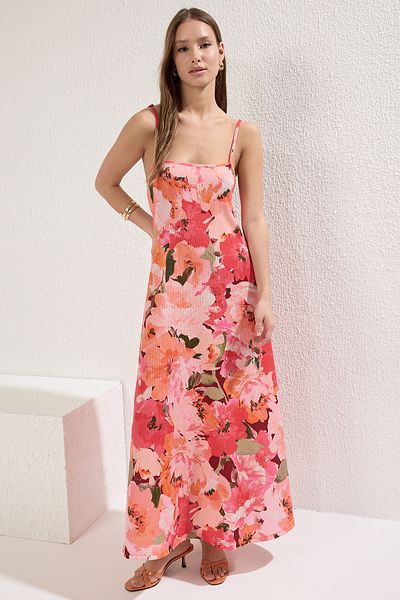 Trendyol Collection Multicolor Floral Printed Adjustable Strap A-Line Wrapped/Textured Knitted Maxi Dress Twoss24El00060