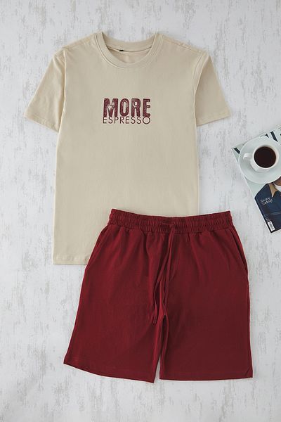 Trendyol Collection Pletené šortky Béžová a vínová s potiskem Regular Fit Pyžamový set - Tmnss25Pt00032