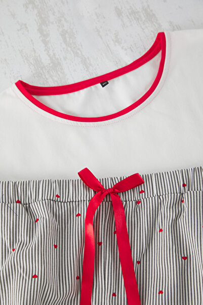Trendyol Curve Red-Ecru Striped Heart Pattern Knitted Pajamas Set Tbbss25Ai00045