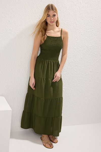 Trendyol Collection Khaki egyenes szoknya derékbőséges Gipeli Maxi szőtt ruha TWOSS25EL00586