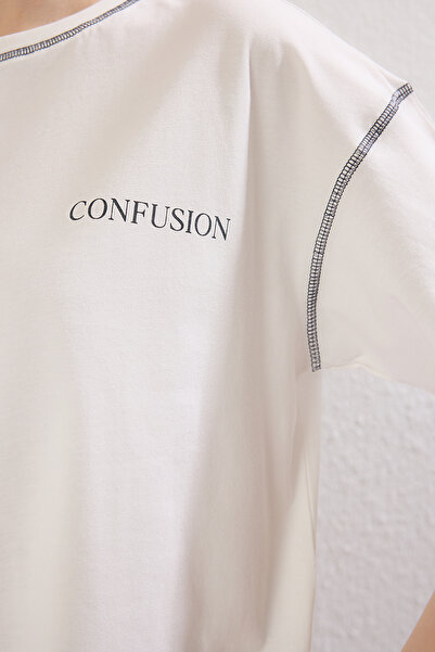 Trendyol Collection Ecru Green 100% Cotton Karyoka Stitched Printed Relaxed/Wide Relaxed Fit Knitted T-Shirt Twoss21Ts0656