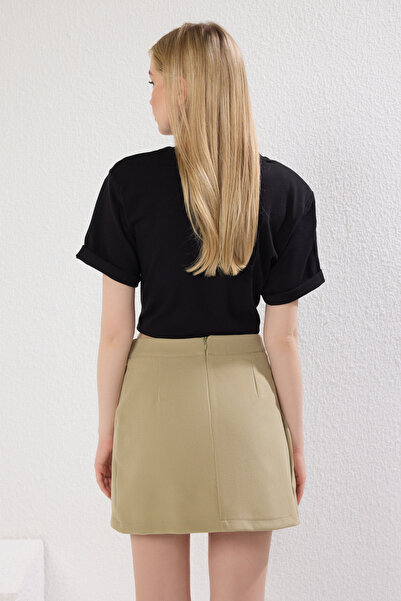 Trendyol Collection Light Khaki Pleat Detailed Double Breasted Closure Mini Length Woven Skirt Twoss25Et00117