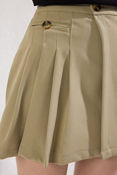 Trendyol Collection Light Khaki Pleat Detailed Double Breasted Closure Mini Length Woven Skirt Twoss25Et00117