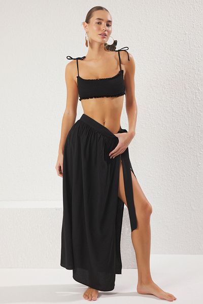 Trendyol Collection Strandpareo aus gewebtem Strand mit Schnürung in Schwarz TBESS25PR00009
