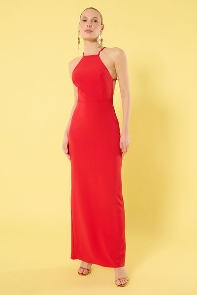 Trendyol Collection Rotes, gerades, detailliertes, gewebtes Finike-Maxi-Abendkleid und Heimkehrkleid