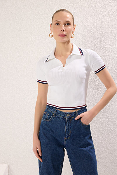 Trendyol Collection Marineblau-Ecru Basic Polo Tricot Dünne Bluse Doppelpack