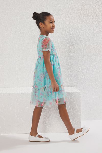 TRENDYOLKIDS Μέντα λουλουδάτο υφαντό φόρεμα με μπαλόνι TKDSS25EL00027