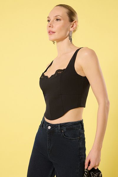Trendyol Collection Černé rovné řemínky na krk s krajkou Detailní tkané Finike Stylový/noční prsatější