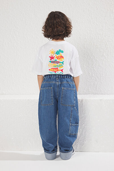 TRENDYOLKIDS Fiú magas derekú farmer farmer - középkék, 100% pamut, normál szabású TKDSS25JE00004