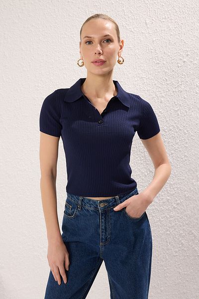 Trendyol Collection Námořnická modrá-Ecru Basic Polo Knitwear Tenká halenka Double Pack