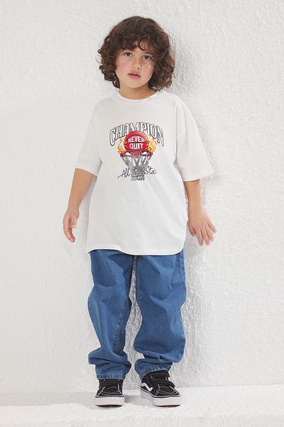 TRENDYOLKIDS Ecru Drukowana Dzianinowa Koszulka Tkdss25Ts00031