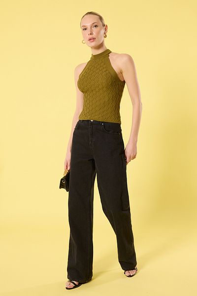 Trendyol Collection Πλεκτό με πράσινο γιακά με μοτίβο λεπτή μπλούζα TWOSS25BZ00175
