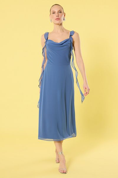 Trendyol Collection Rochie albastră, uni, cu volane, țesută Midi TWOSS25EL00277