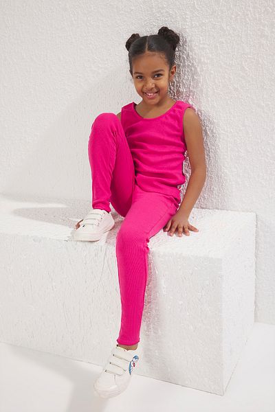 TRENDYOLKIDS Fuchsia Plain Knitted Bottom-Top Suit Tkdss25Au00031