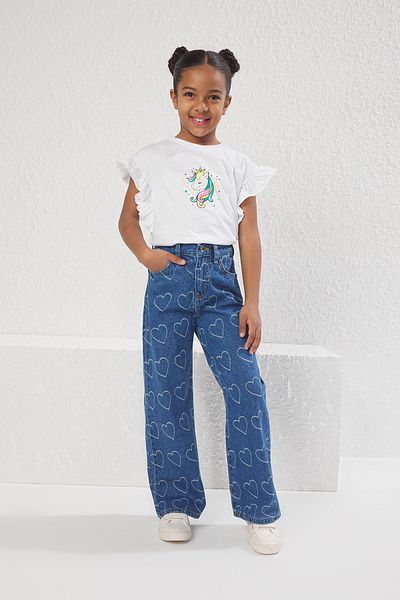 TRENDYOLKIDS Pantaloni de blugi cu picior largi, 100% bumbac, cu model de inimă, pentru femeie, albastru TKDSS25JE00000