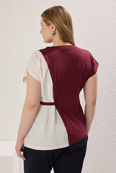 Trendyol Curve Plus Size Blouse with Dark Cherry Stripes and Fabric Detail - Tbbss25Af00086