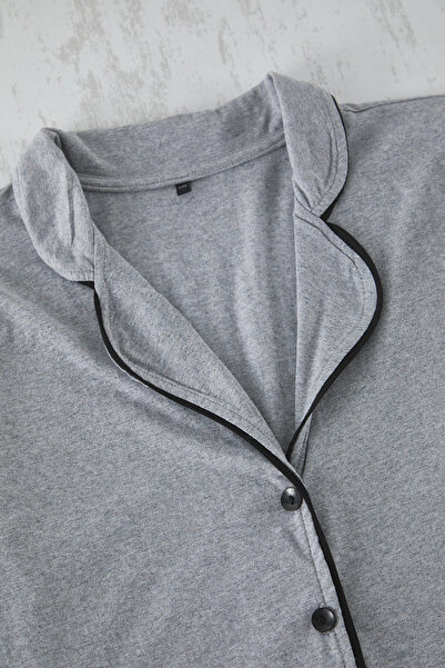 Trendyol Curve Σετ πιτζάμες με γιακά πουκάμισο με γκρι μελανζέ Flounces - TBBAW25AI00056