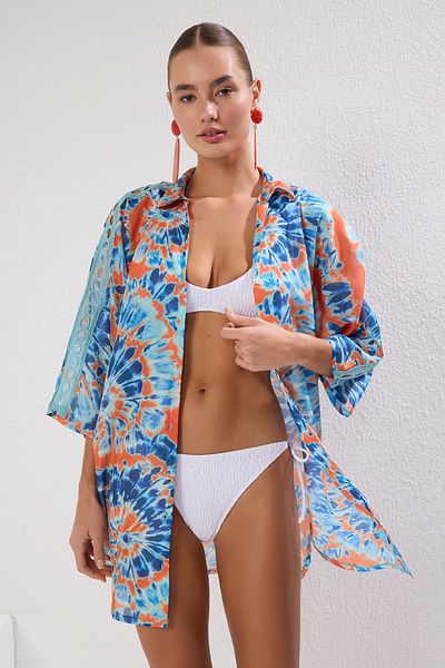 Trendyol Collection Plážové šaty s abstraktním vzorem Midi Woven Ribbon Doplňky TBESS25EL00063