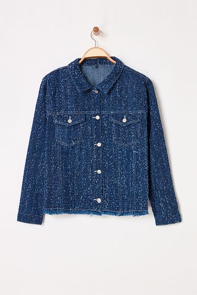 Trendyol Curve Blue Textured Crop Plus Size Denim Jacket Tbbss25Ag00008