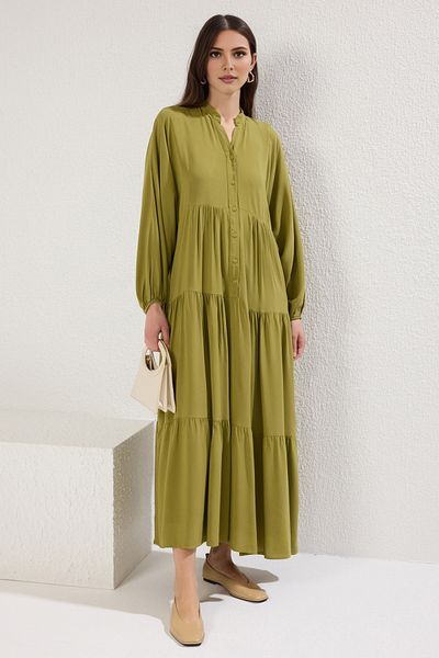 Trendyol Modest Oil Green Viscose Unlined Woven Dress Tctss24Eb00221