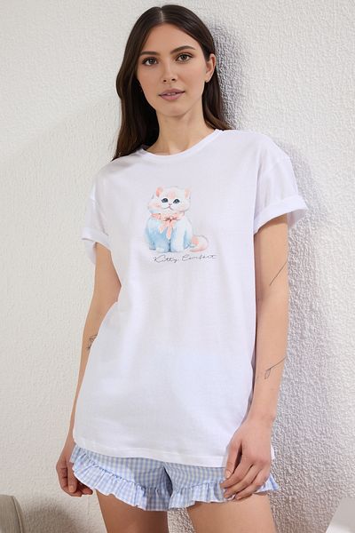 Trendyol Collection Λευκό καρό / καρό βολάν μονό ζέρσεϋ πλεκτό σετ πιτζάμες με σορτς THMSS25PT00263