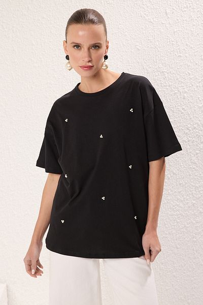 Trendyol Collection Koszulka typu oversize Pearl Stone Detailed Black - TWOSS25TS00174