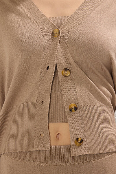 Trendyol Collection Brown V-Neck Cardigan-Skirt Knitwear Bottom-Top Suit Twoss25Au00049