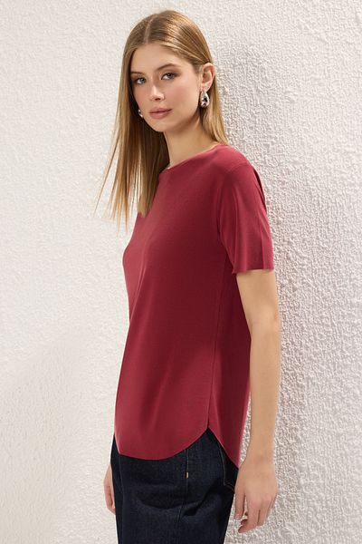 Trendyol Collection Țesătură modal Burgundy - Tricou tricotat cu tăietură largă TWOSS25TS00124