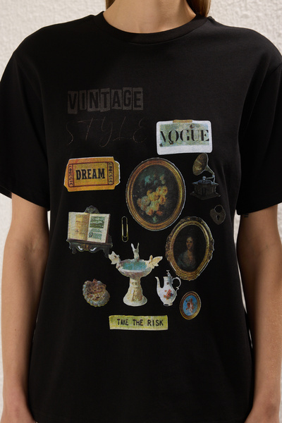 Trendyol Collection Premium-T-Shirt mit schwarzem Melange-Print in Übergröße/breiter Passform und Rundhalsausschnitt TWOSS23TS00282