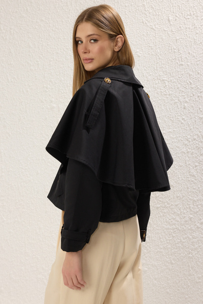 Trendyol Collection Trench negru, detașabil, cu talie elastică, scurtă, TWOSS25TR00003