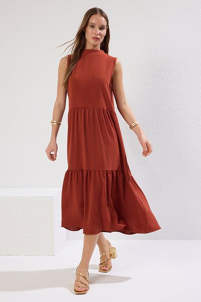Trendyol Collection Tile Shift/Straight Cut Stand Collar Midi Woven Dress TWOSS20EL1864