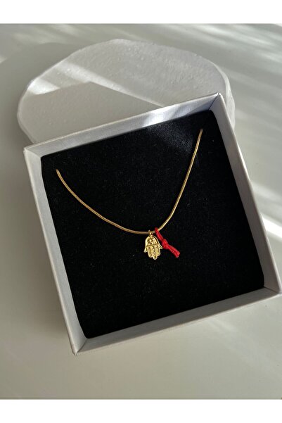 Arsaley Collection Hamsa Ve Kırmızı Kurdele Altın Kaplama Çelik Charm Kolye Sevgililer Günü Özel