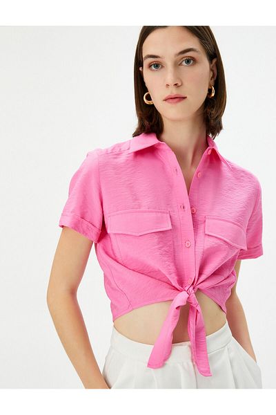 Koton Μπροστινή γραβάτα πουκάμισο Crop Buttoned Pocket Viscose