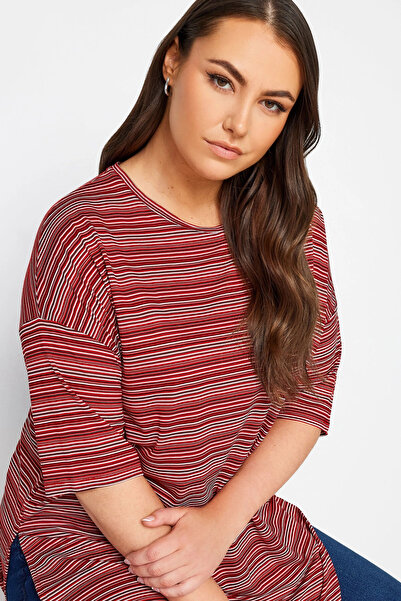 Stil Diva Slit Crew Neck Striped Large Size T-shirt - Half Sleeve 302948