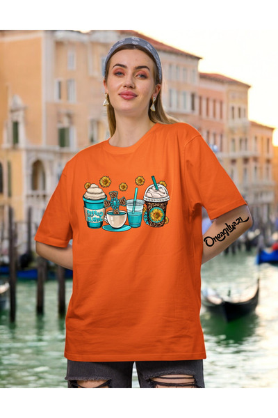 oneagılyazı Γυναικείο μπλουζάκι Coffee Flower με τύπωμα oversized