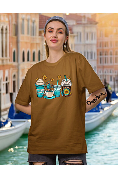 oneagılyazı Brown Floral Printed Women's Oversize T-Shirt