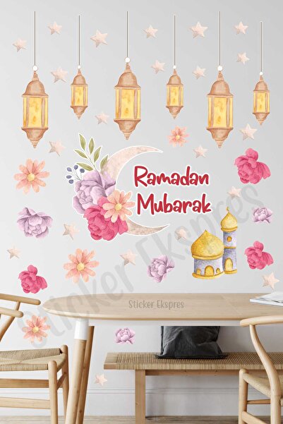 Sticker Ekspres Ramadan Mubarak Çiçekli Hilal Ve Fenerler Ramazan Cam Kapı Du...
