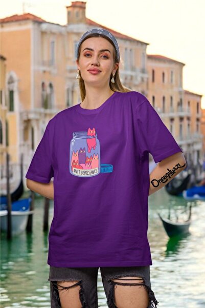 oneagılyazı تي شيرت نسائي كبير الحجم مطبوع عليه Anti Deprasan