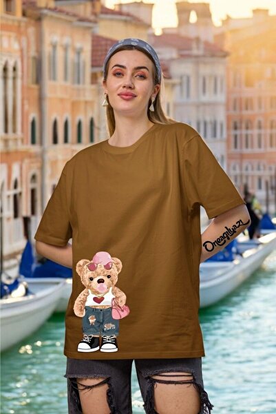 oneagılyazı تي شيرت نسائي كبير الحجم مطبوع عليه دمية دب
