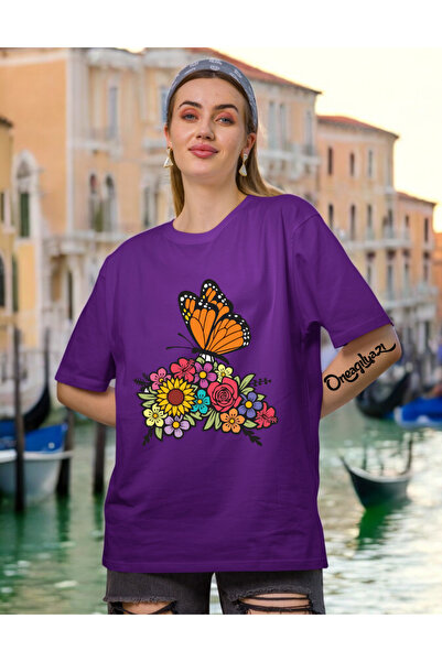 oneagılyazı Butterfly Detail Printed Women's Oversize T-Shirt