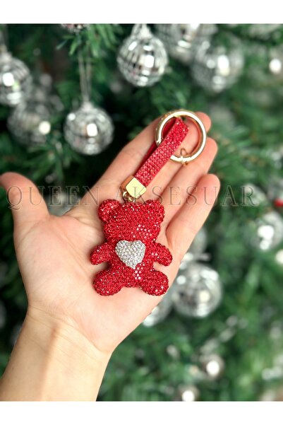 QUEEN AKSESUAR سلسلة مفاتيح على شكل قلب على شكل دمية دب من حجر الكريستال اللا...