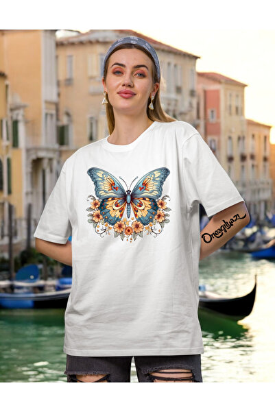 oneagılyazı تي شيرت نسائي كبير الحجم مطبوع عليه فراشة