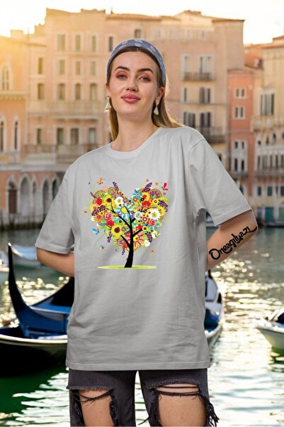oneagılyazı Colorful Flower Tree Printed Women's Oversize T-Shirt