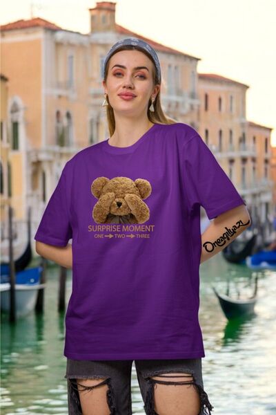 oneagılyazı تي شيرت نسائي كبير الحجم مطبوع عليه دمية دب لطيف