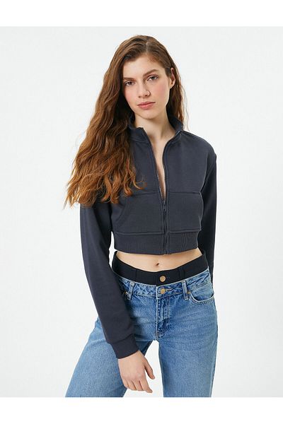 Koton Crop Zippered Sweatshirt Kangaroo Pocket Stand Collar