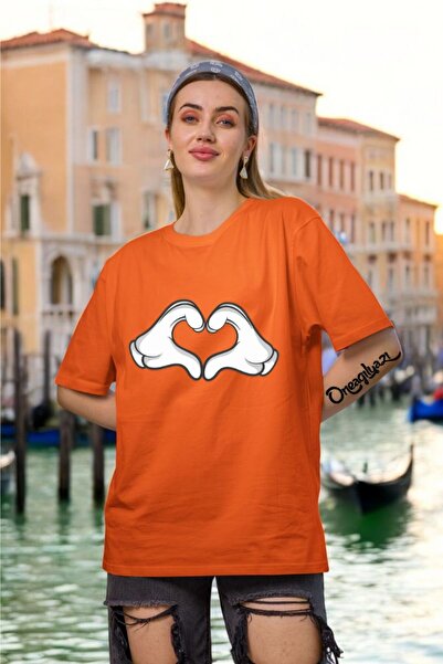 oneagılyazı Finger Heart Printed Women's Oversize T-Shirt